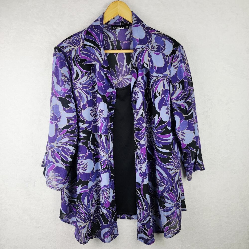 Whimsical 2X Button Top Tank Combo 3/4 Sleeve Purple Floral Casual Cottagecore